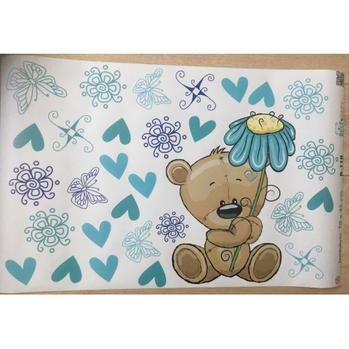 Maci kék virággal babaszoba falmatrica