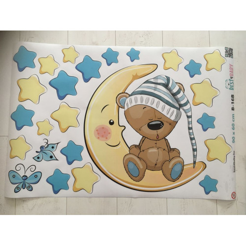 Maci holdon ül, kék csillagokkal gyerek falmatrica