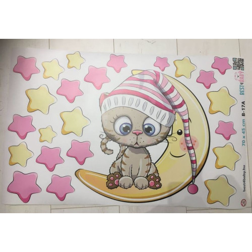 Cica hálósapkában csillagok közt gyerek falmatrica