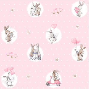 BTP-04C "Bunny Love" magyar, kislány mintás, rózsaszín, pöttyös nyuszis tapéta BTP-04C "Bunny Love" magyar, kislány mintás, rózsaszín, pöttyös nyuszis tapéta