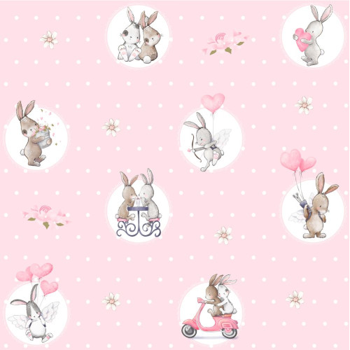 BTP-04C "Bunny Love" magyar, kislány mintás, rózsaszín, pöttyös nyuszis tapéta