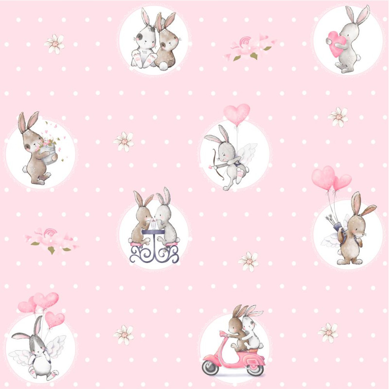 BTP-04C "Bunny Love" magyar, kislány mintás, rózsaszín, pöttyös nyuszis tapéta