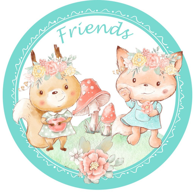 BWP-15 Best4Baby prémium mentazöld óriás kerek mókus és róka kislány falmatrica - 50 x 50 cm