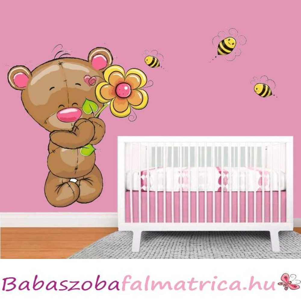 Maci virágokkal, kisfiú babaszoba falmatrica Maci virágokkal, kisfiú babaszoba falmatrica