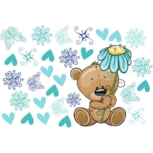 Maci kék virággal babaszoba falmatrica