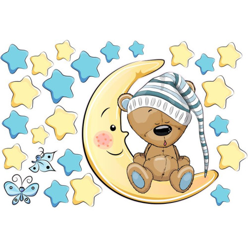 Maci holdon ül, kék csillagokkal gyerek falmatrica