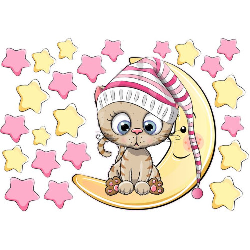 Cica hálósapkában csillagok közt gyerek falmatrica