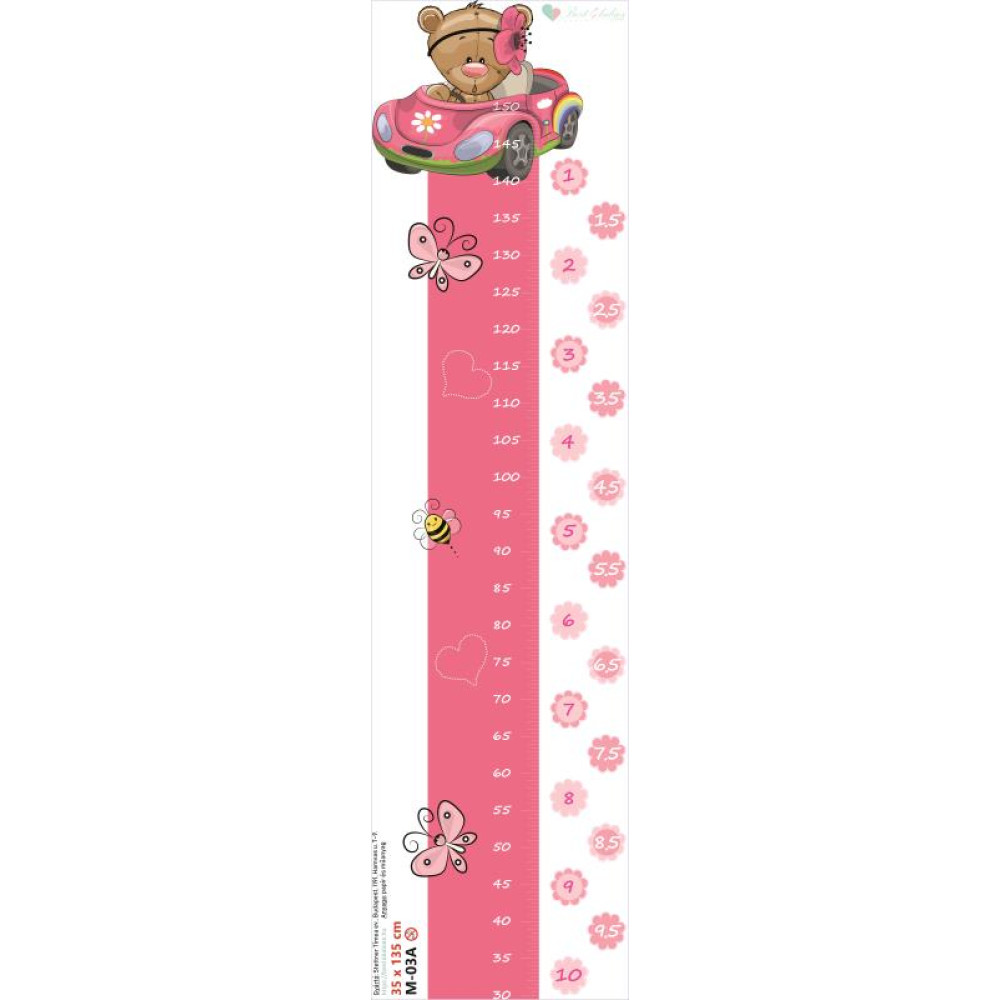 Pink autós maci magasság mérő falmatrica Pink autós maci magasság mérő falmatrica